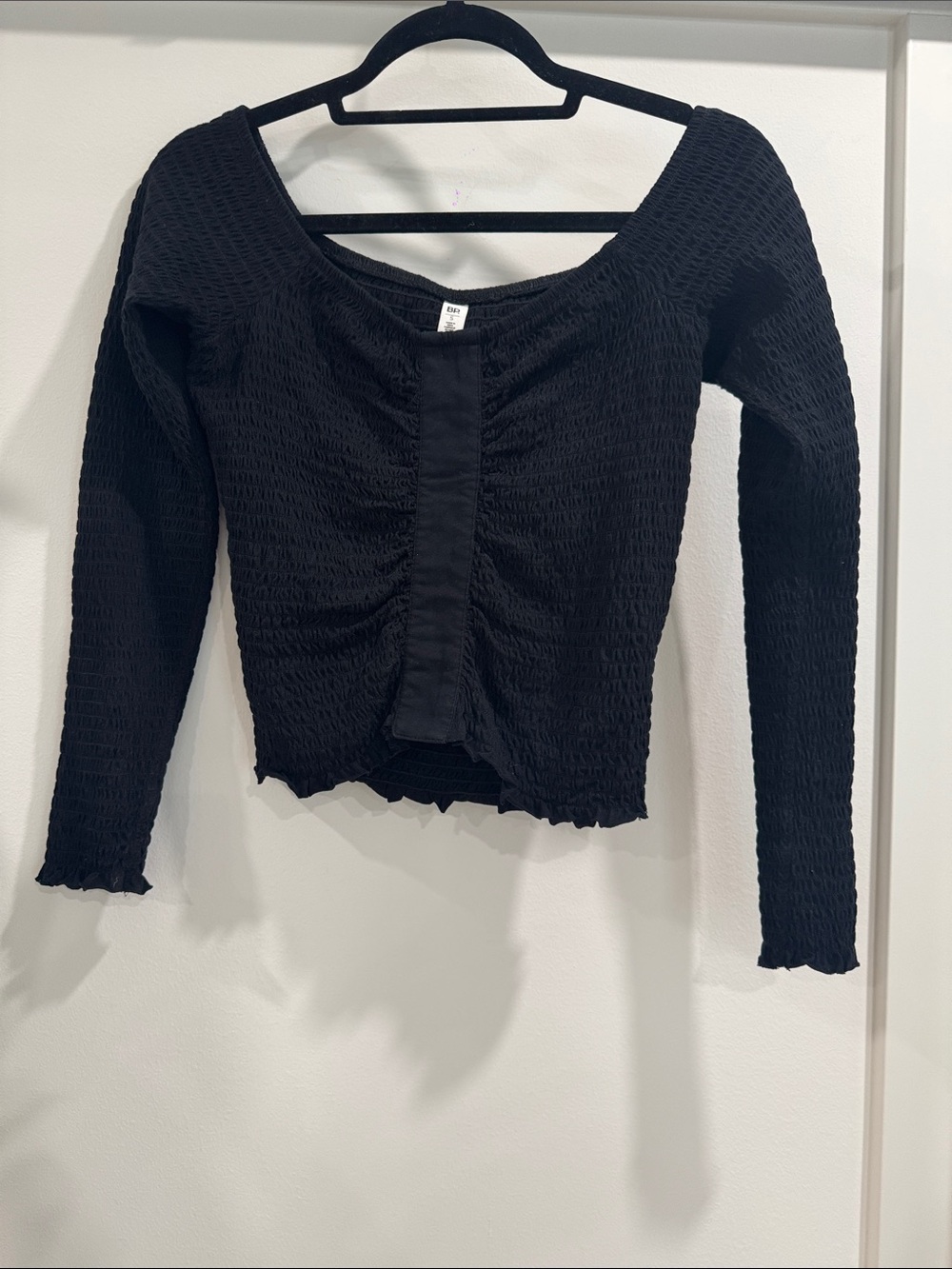 BP Black Long-Sleeve Smocked Square-Neck off shoulder Top